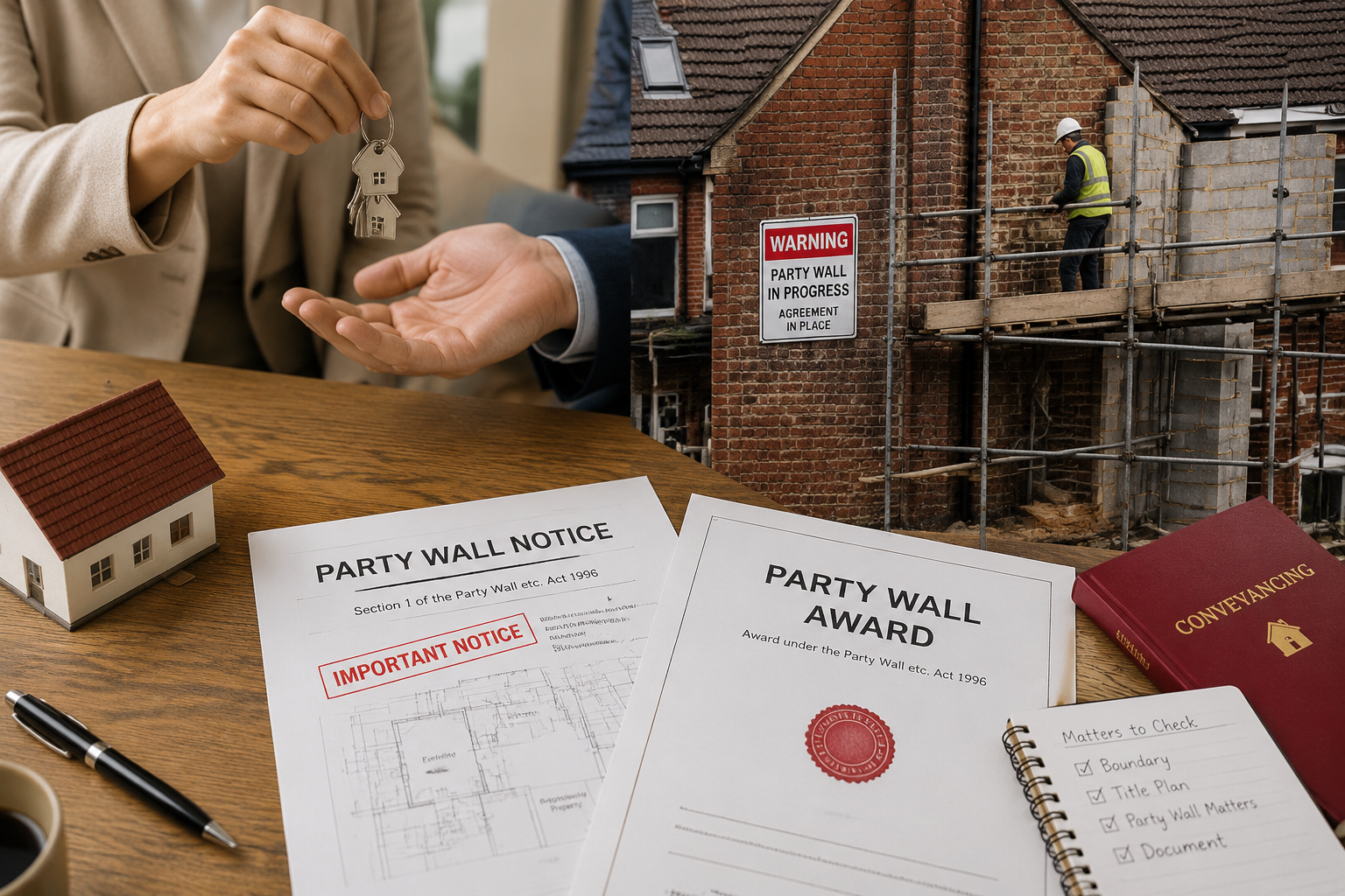 () editorial illustration showing a property conveyancing transaction mid-sale with party wall complications: a split