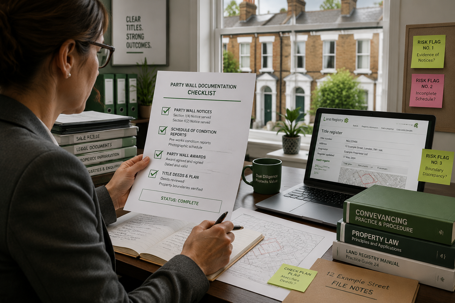 () detailed infographic-style image showing a conveyancer at a desk reviewing a checklist of party wall documentation: Party