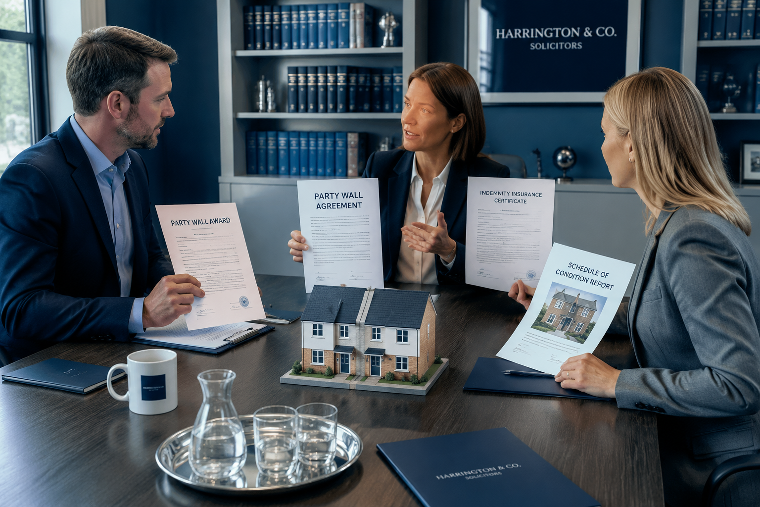 () conceptual image depicting a buyer, seller, and conveyancer in a three-way meeting around a conference table, with a