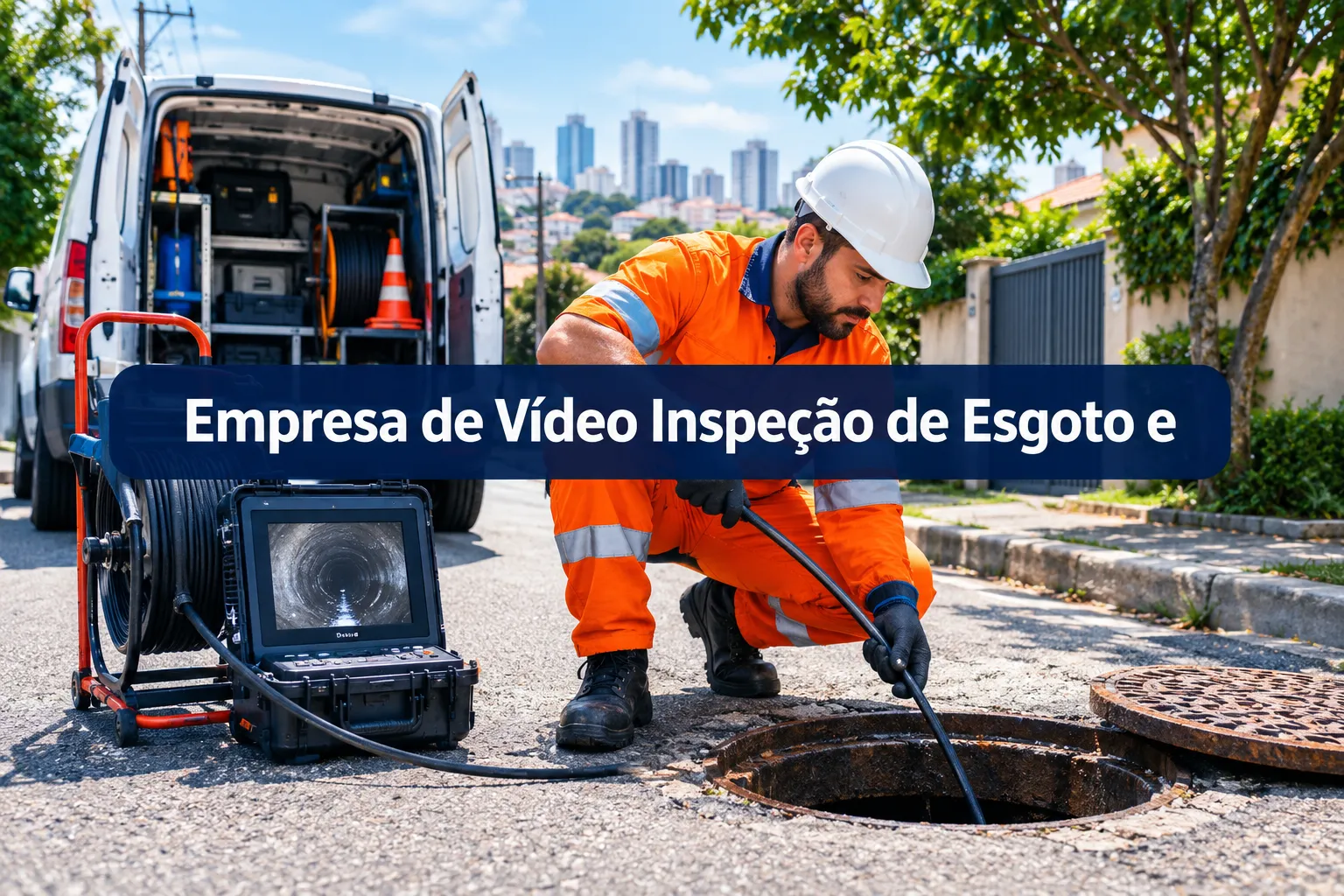 Professional () hero image with SHORT (≤42 chars): 'Empresa de Vídeo Inspeção de Esgoto e', white on a dark navy