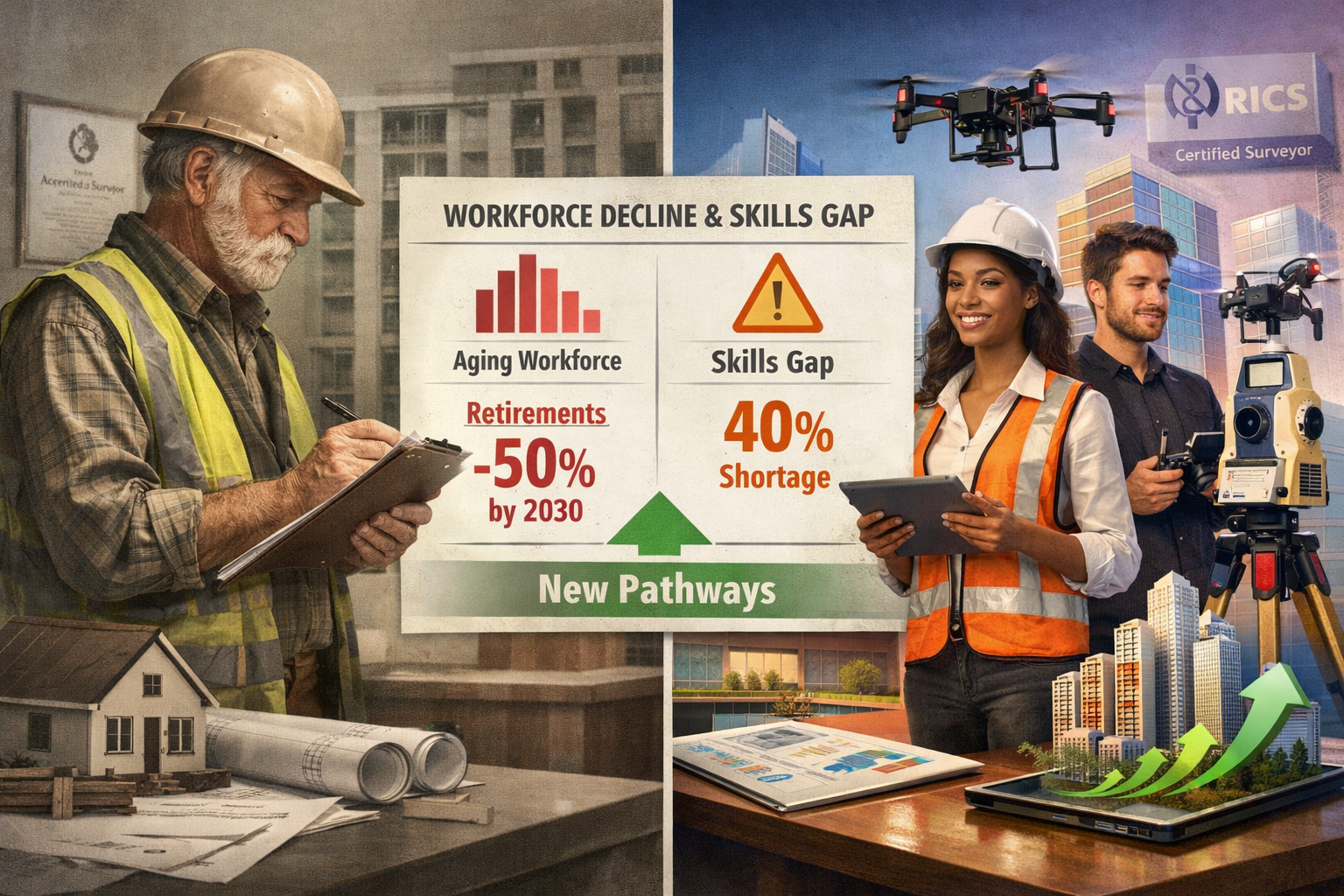 Landscape format (1536x1024) editorial image showing split-screen composition: left side displays aging surveyor with traditional clipboard