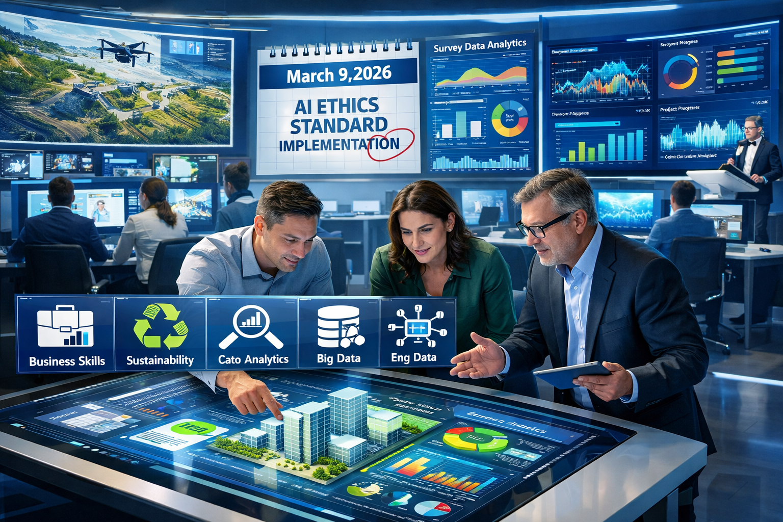 Landscape format (1536x1024) futuristic workplace scene showing surveying firm operations center with multiple screens displaying AI-powered