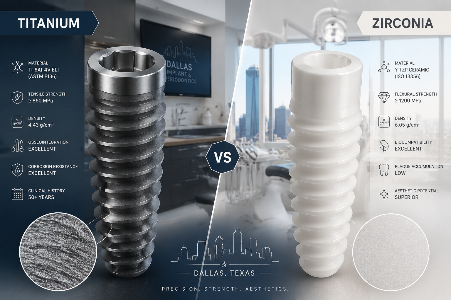 Detailed () image comparing the materials: a split image composition. On the left, a magnified, sterile-looking titanium