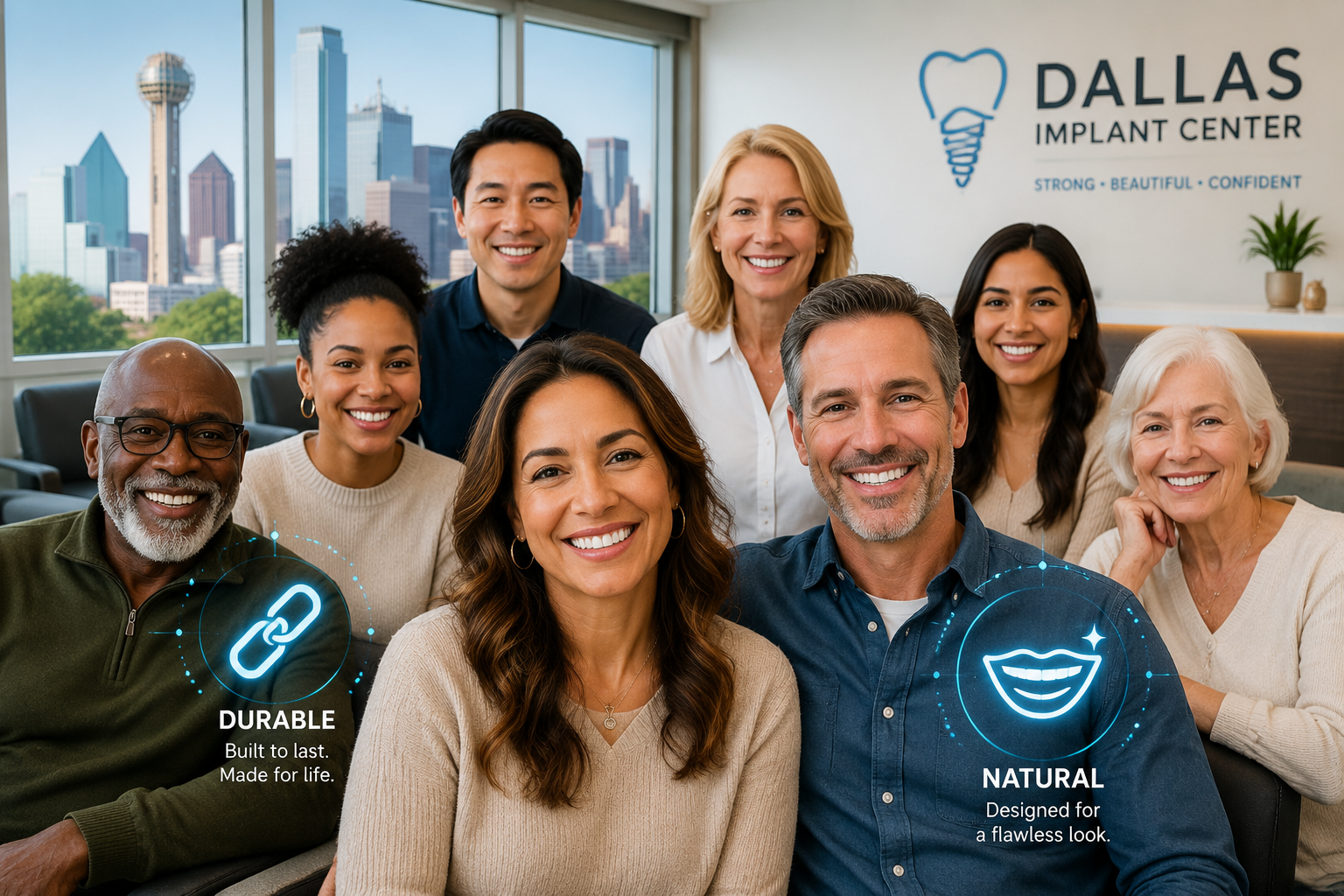 An editorial-quality () image showcasing a diverse group of happy, confident Dallas patients smiling, some with subtly