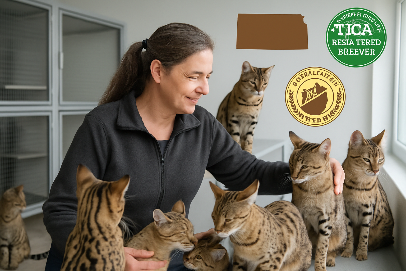 Professional landscape composition (1536x1024) featuring experienced female breeder Melissa Morris interacting with multiple Savannah cats o