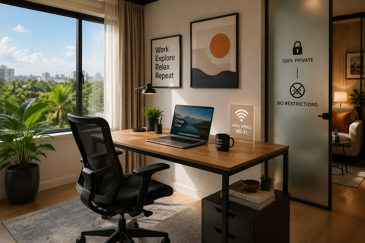 A visually striking landscape image () depicting a chic, dedicated co-working space within a private Airbnb unit. The focus