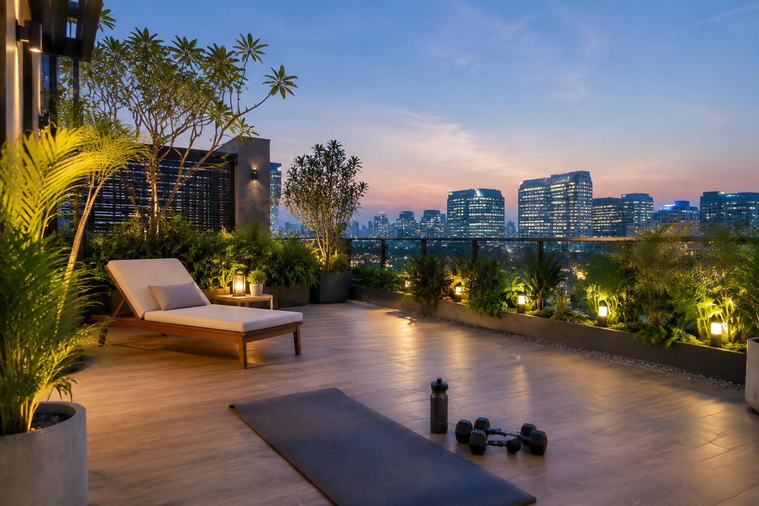 A serene landscape image () showcasing a wellness amenity integrated within an Airbnb near Udyog Vihar and Cyber City. The