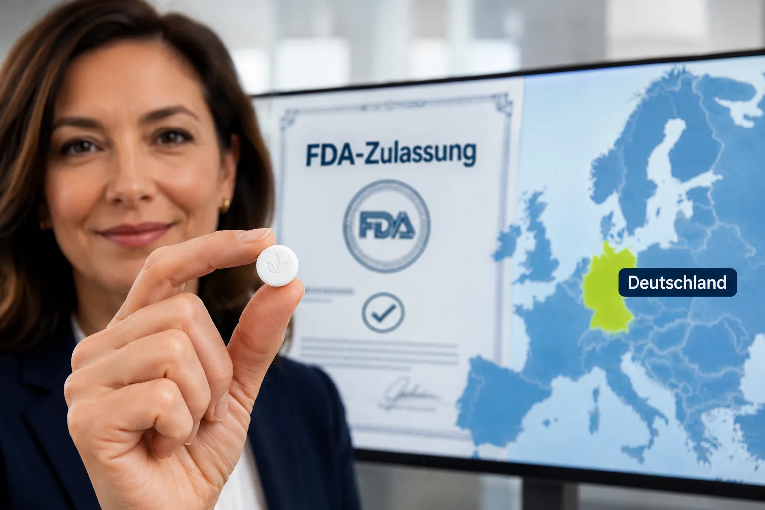 Orforglipron FDA-Entscheidung: Wann kommt die Eli-Lilly-Tablette nach Foundayo auf den deutschen Markt? Redaktionelles Querformat () Bild: Eine Hand hält eine kleine weiße Tablette (Orforglipron) mit einem stilisierten