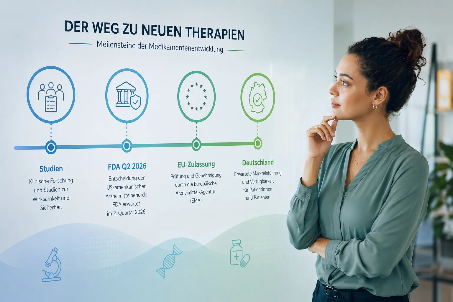 Orforglipron FDA-Entscheidung: Wann kommt die Eli-Lilly-Tablette nach Foundayo auf den deutschen Markt? Redaktionelles Querformat () Bild: Eine Zeitachse, die wichtige Meilensteine der Medikamentenentwicklung visualisiert,