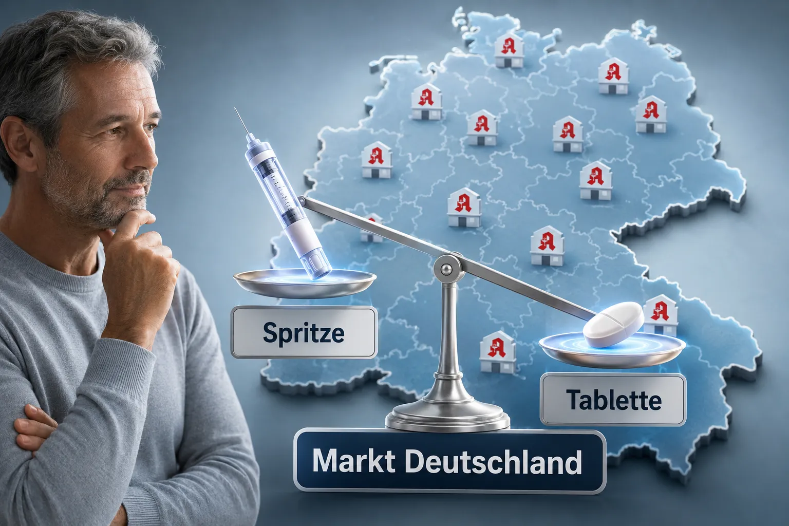 Orforglipron FDA-Entscheidung: Wann kommt die Eli-Lilly-Tablette nach Foundayo auf den deutschen Markt? Redaktionelles Querformat () Bild: Eine stilistische Darstellung der Konkurrenzsituation auf dem deutschen Markt. Links: