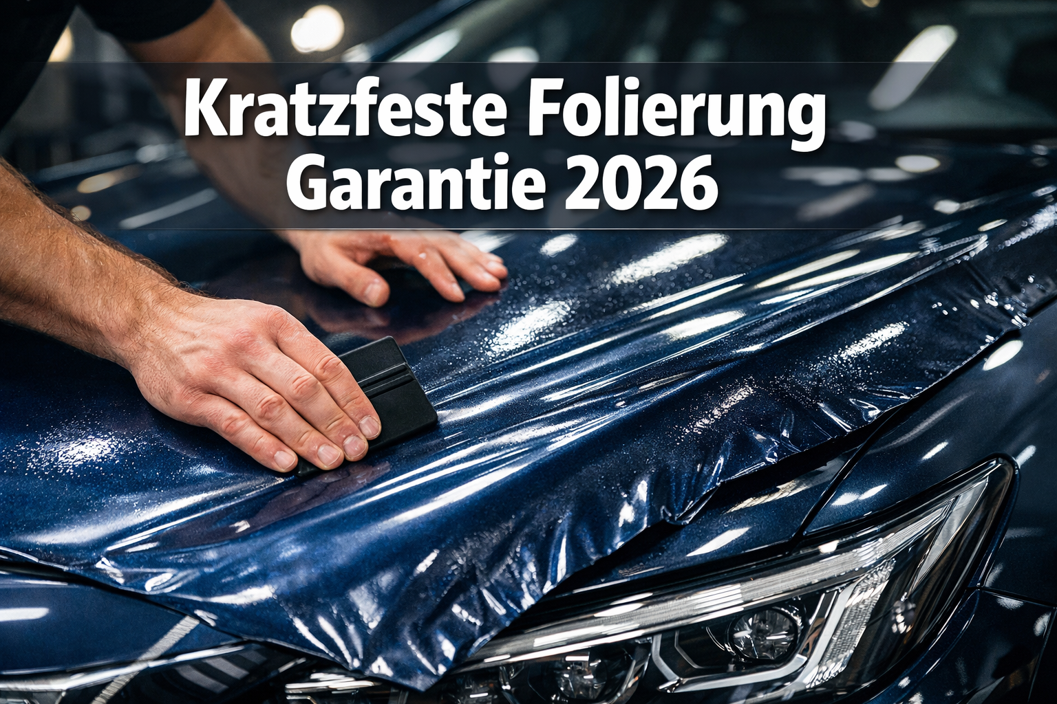 Professional landscape format (1536x1024) hero image with bold text overlay 'Kratzfeste Folierung Garantie 2026' in extra large 72pt white s