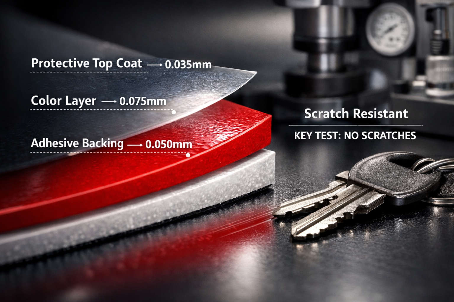 Landscape format (1536x1024) close-up product photography showing cross-section layers of premium scratch-resistant vehicle wrap film, magni