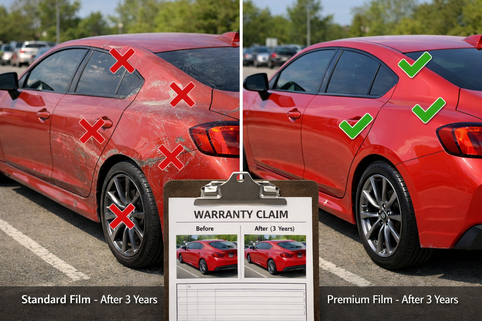Landscape format (1536x1024) split-screen comparison image showing two wrapped vehicles side-by-side after 3 years, left side with standard 