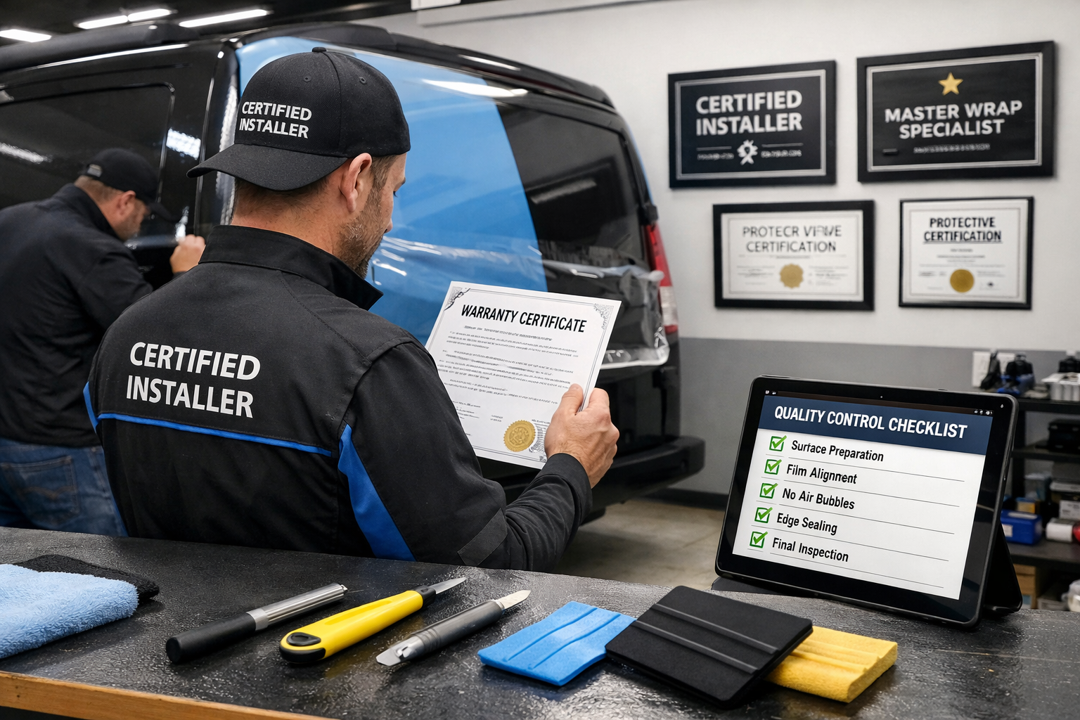 Landscape format (1536x1024) professional workshop scene showing certified installer applying scratch-resistant film to commercial vehicle, 