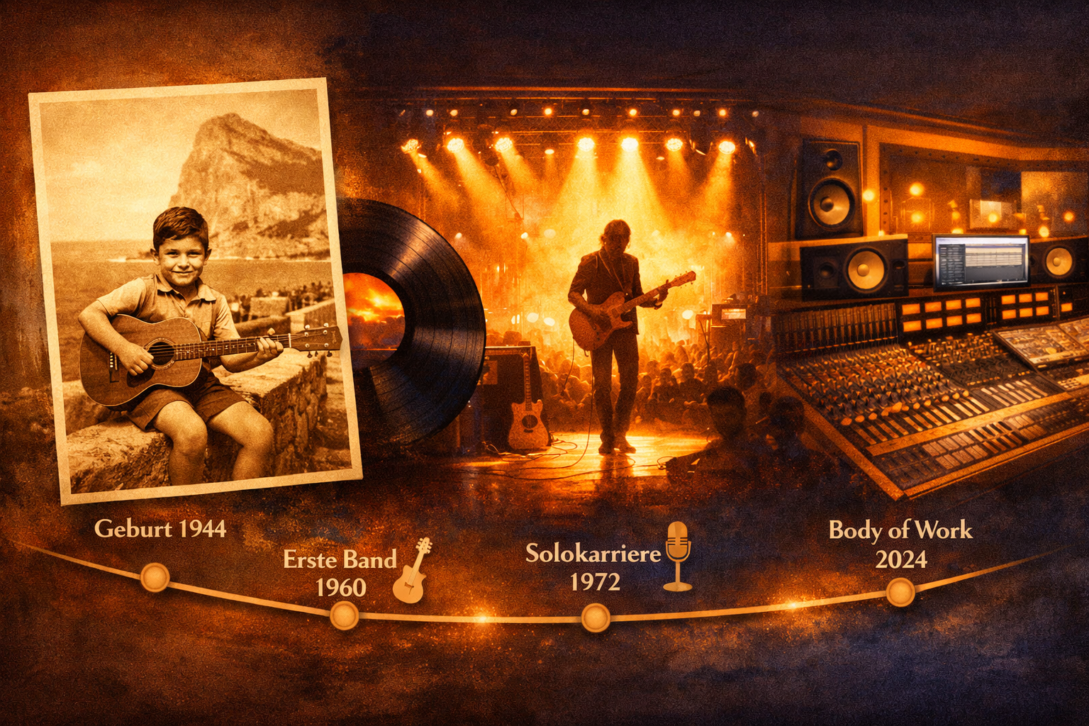 Albert Hammond Vermögen: Erfolgreicher Musiker 1 () editorial illustration: A warm-toned biographical timeline visualization showing key milestones of a British-Gibraltarian