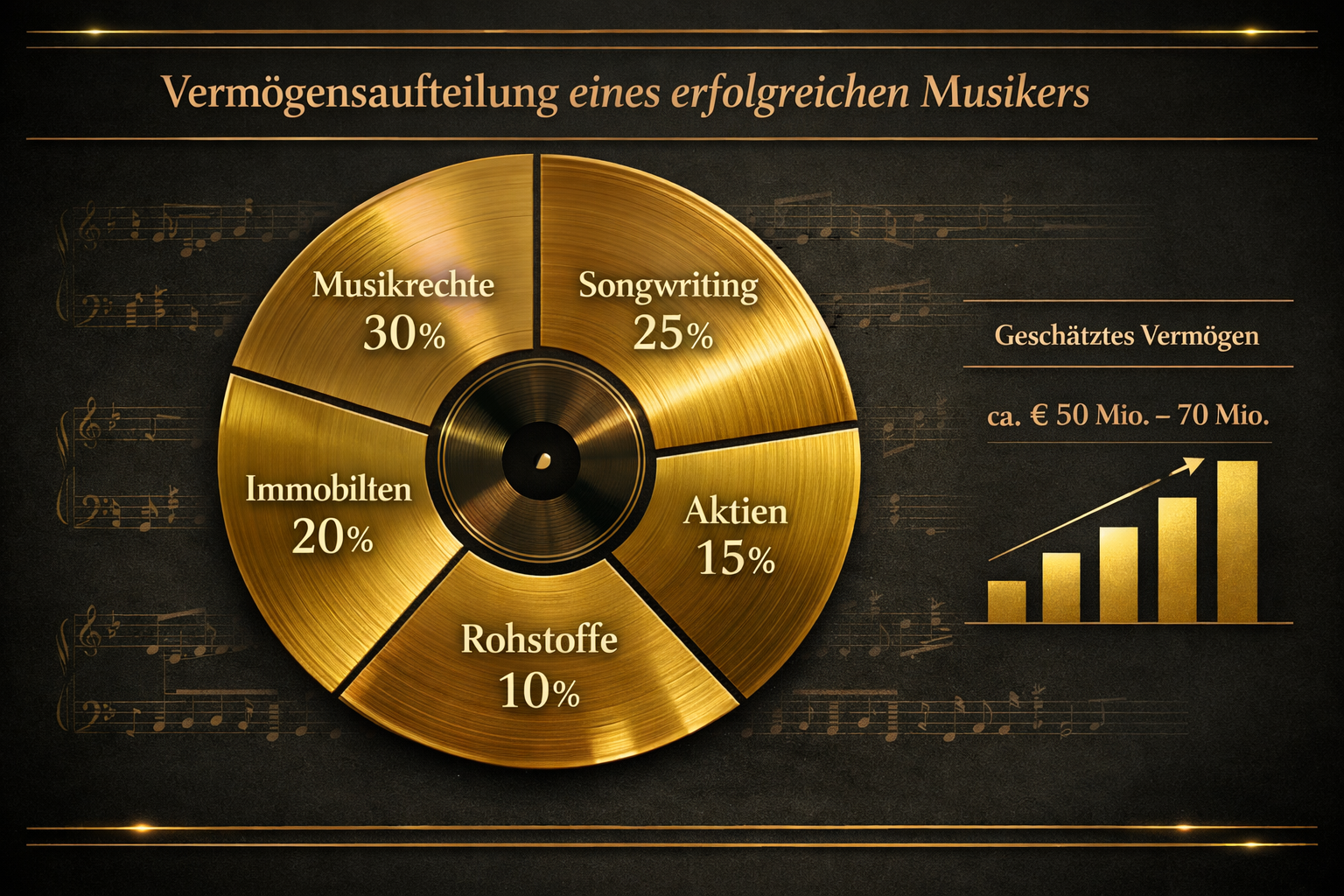 Albert Hammond Vermögen: Erfolgreicher Musiker 2 () financial infographic illustration: An elegant wealth breakdown visualization for a successful musician. Central element: