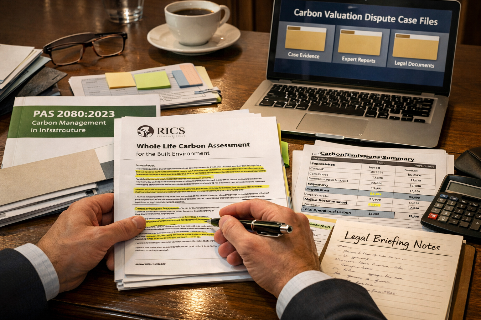 Detailed () image showing close-up of expert witness preparation materials spread across a conference table including PAS