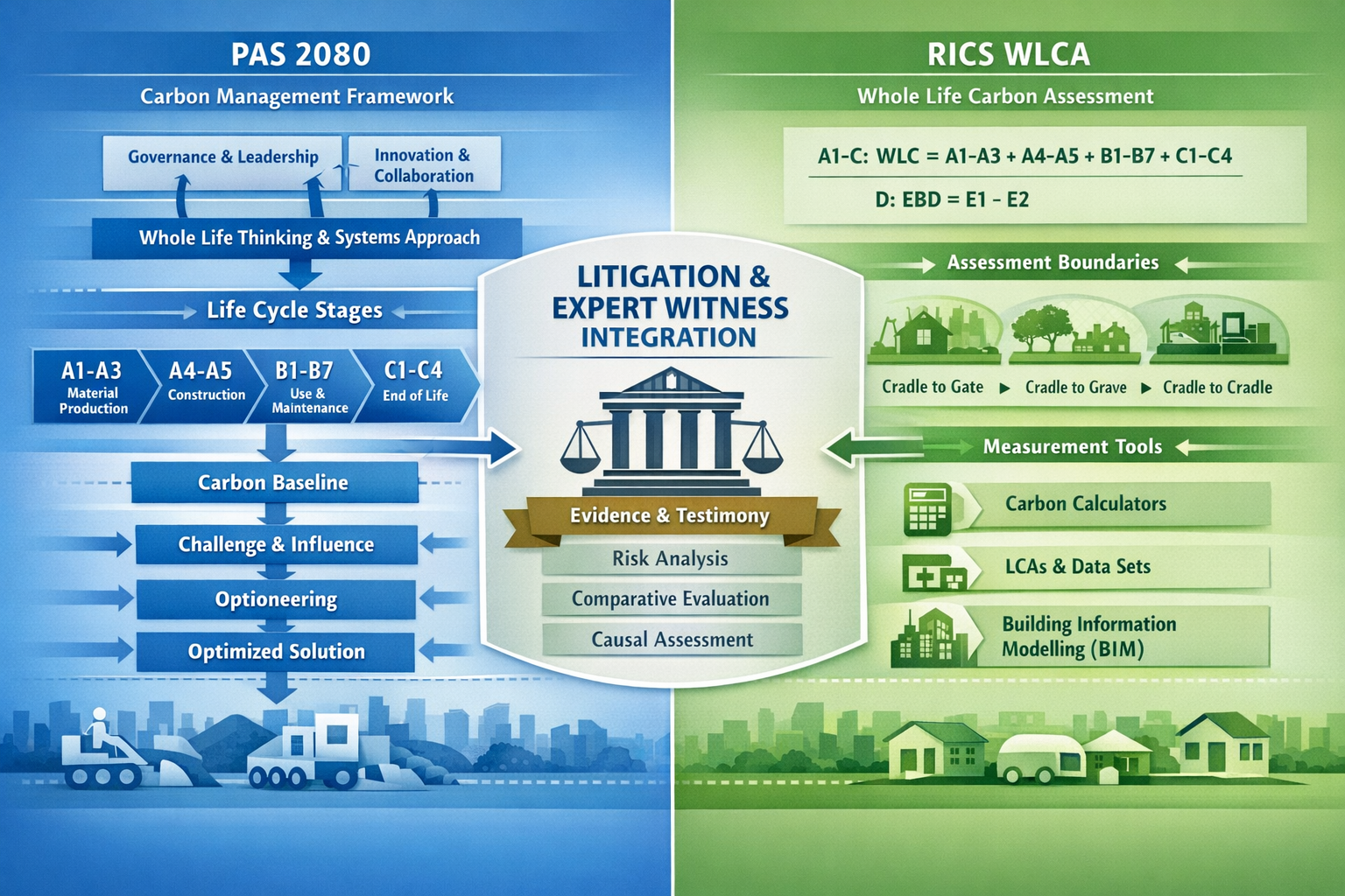 () split-screen infographic illustration comparing PAS 2080 carbon management framework on left side versus RICS WLCA