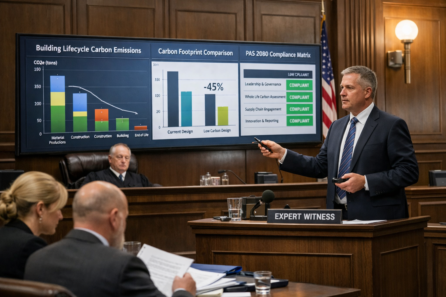 () conceptual image of modern courtroom scene with expert witness stand in foreground, comparative analysis charts, and PAS