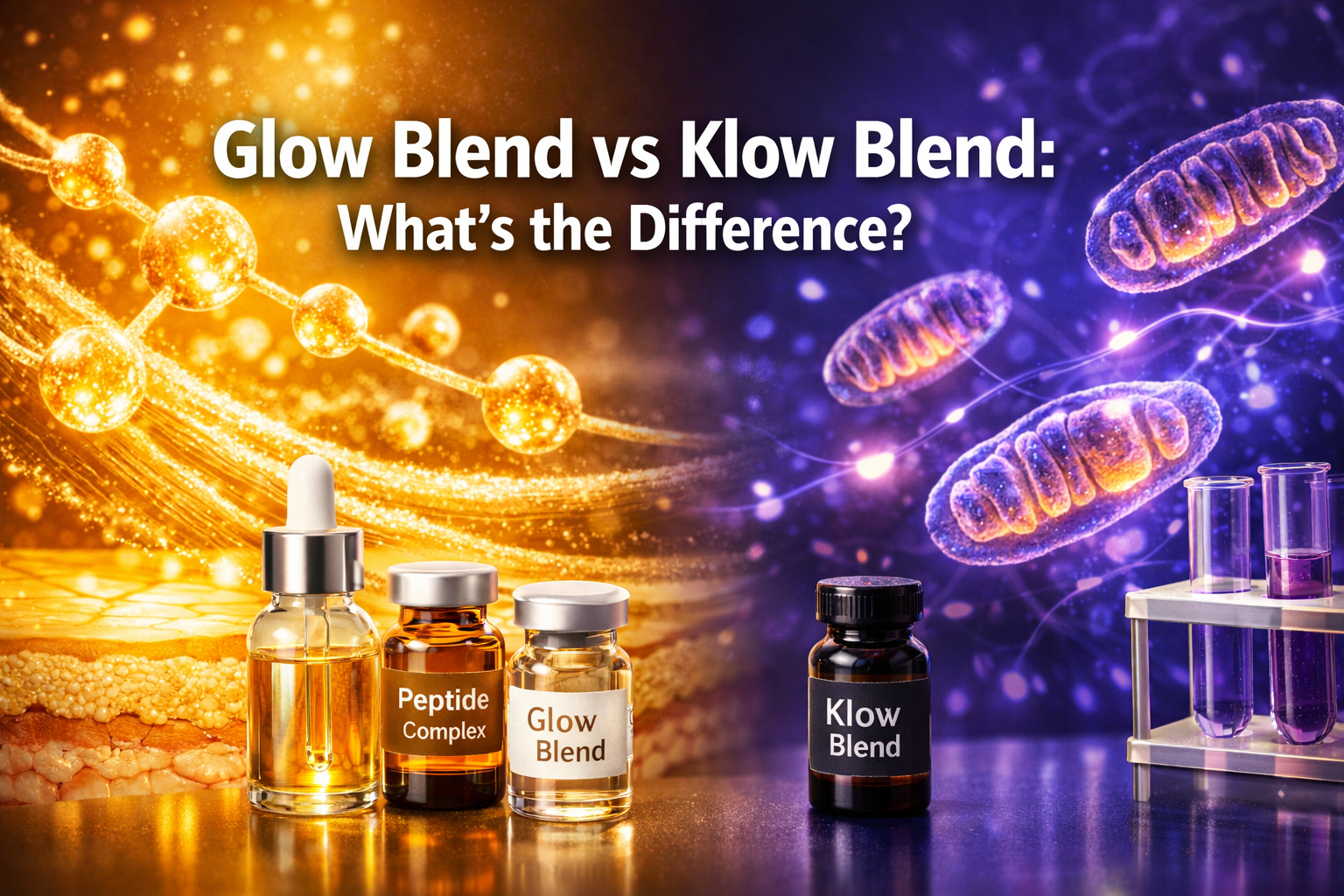 Professional landscape hero image (1536x1024) featuring bold text overlay 'Glow Blend vs Klow Blend: What's the Difference?' in extra large