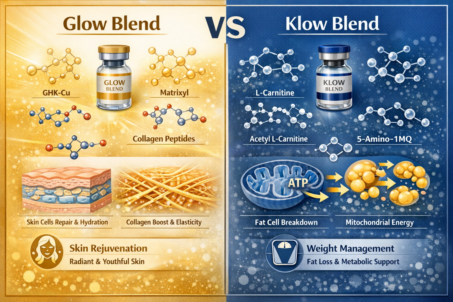 Detailed landscape infographic (1536x1024) comparing Glow Blend and Klow Blend peptide formulations side by side. Left panel shows Glow Blen