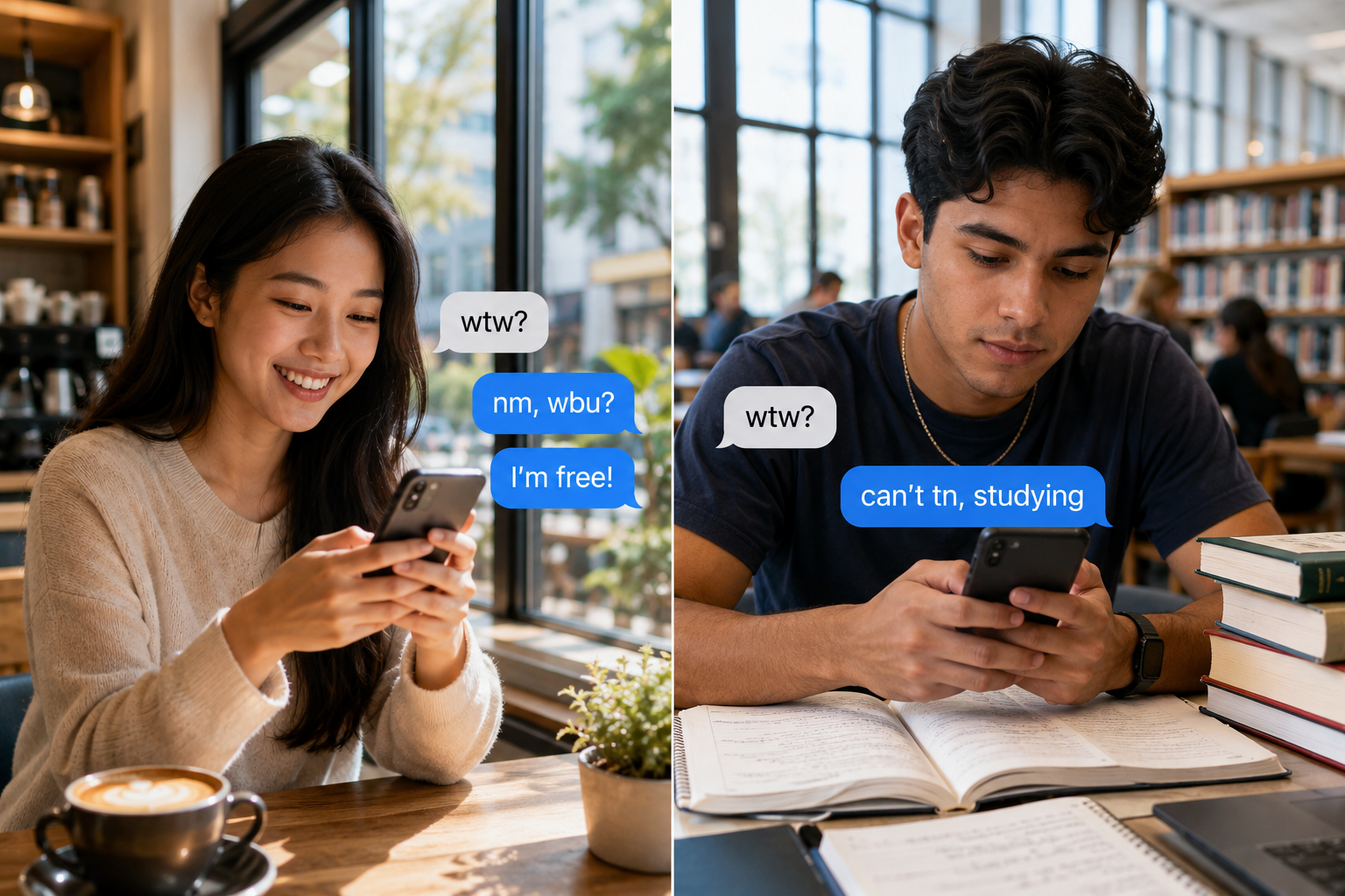 A split screen showing one person available to respond to a WTW text and another person who is busy.
