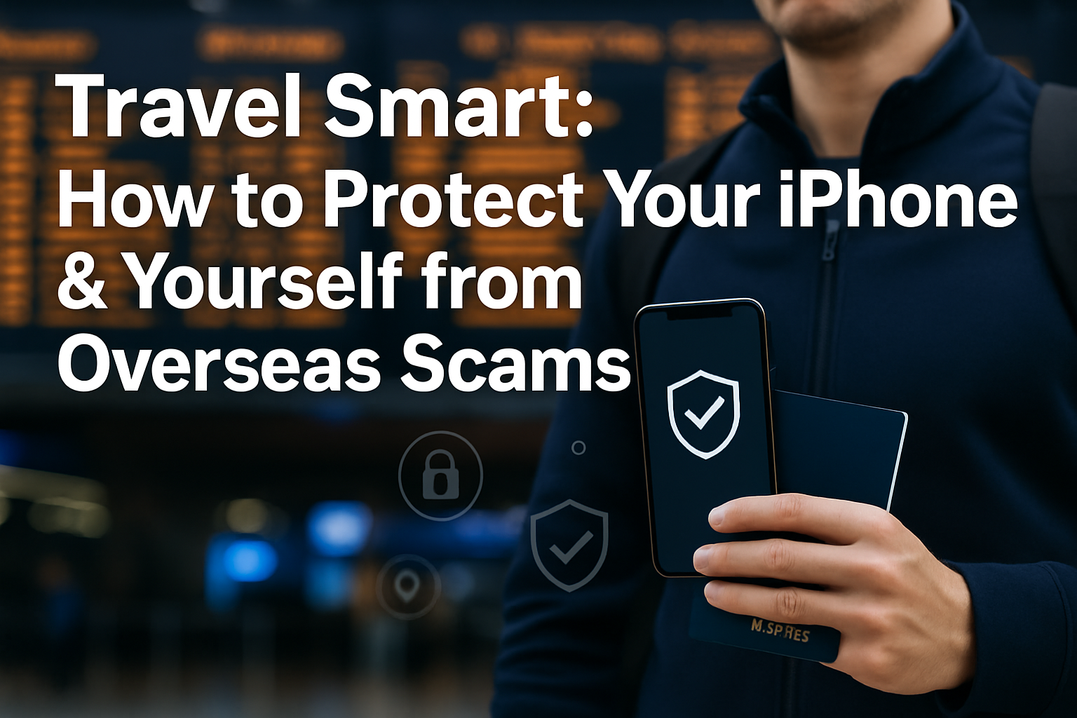 Professional landscape hero image (1536x1024) featuring bold text overlay 'Travel Smart: How to Protect Your iPhone & Yourself from Overseas