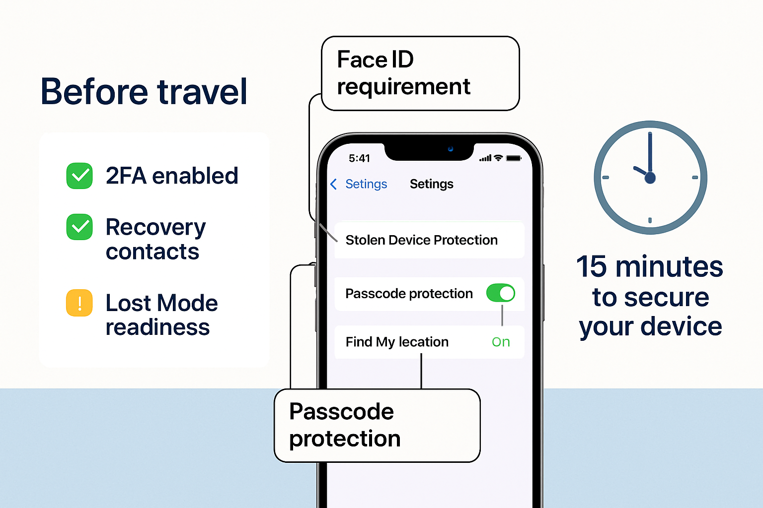 Detailed landscape infographic (1536x1024) showing iPhone screen displaying Stolen Device Protection toggle in iOS Settings, with callout an
