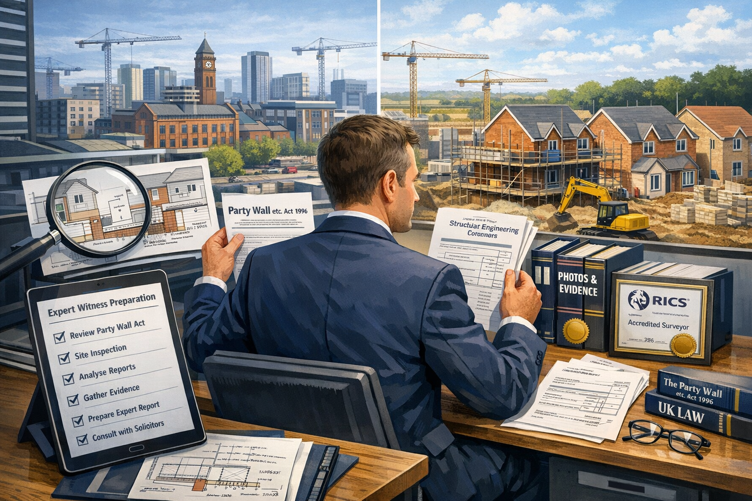 Detailed landscape format (1536x1024) illustration showing comprehensive expert witness preparation workflow for party wall disputes. Centra