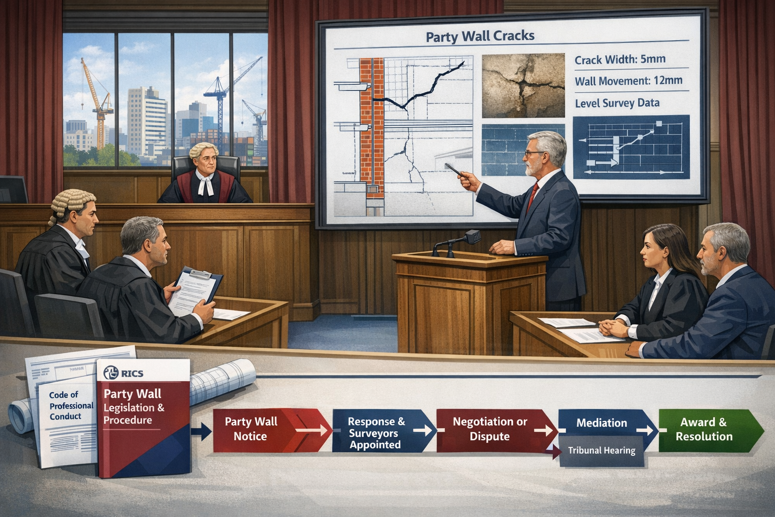 Professional landscape format (1536x1024) infographic-style illustration depicting party wall dispute resolution process in courtroom and me