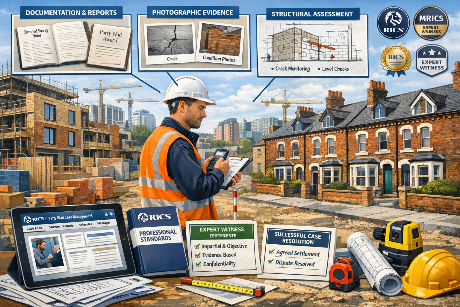 Detailed landscape format (1536x1024) composite image showing RICS best practices and case study examples for party wall expert witnesses in