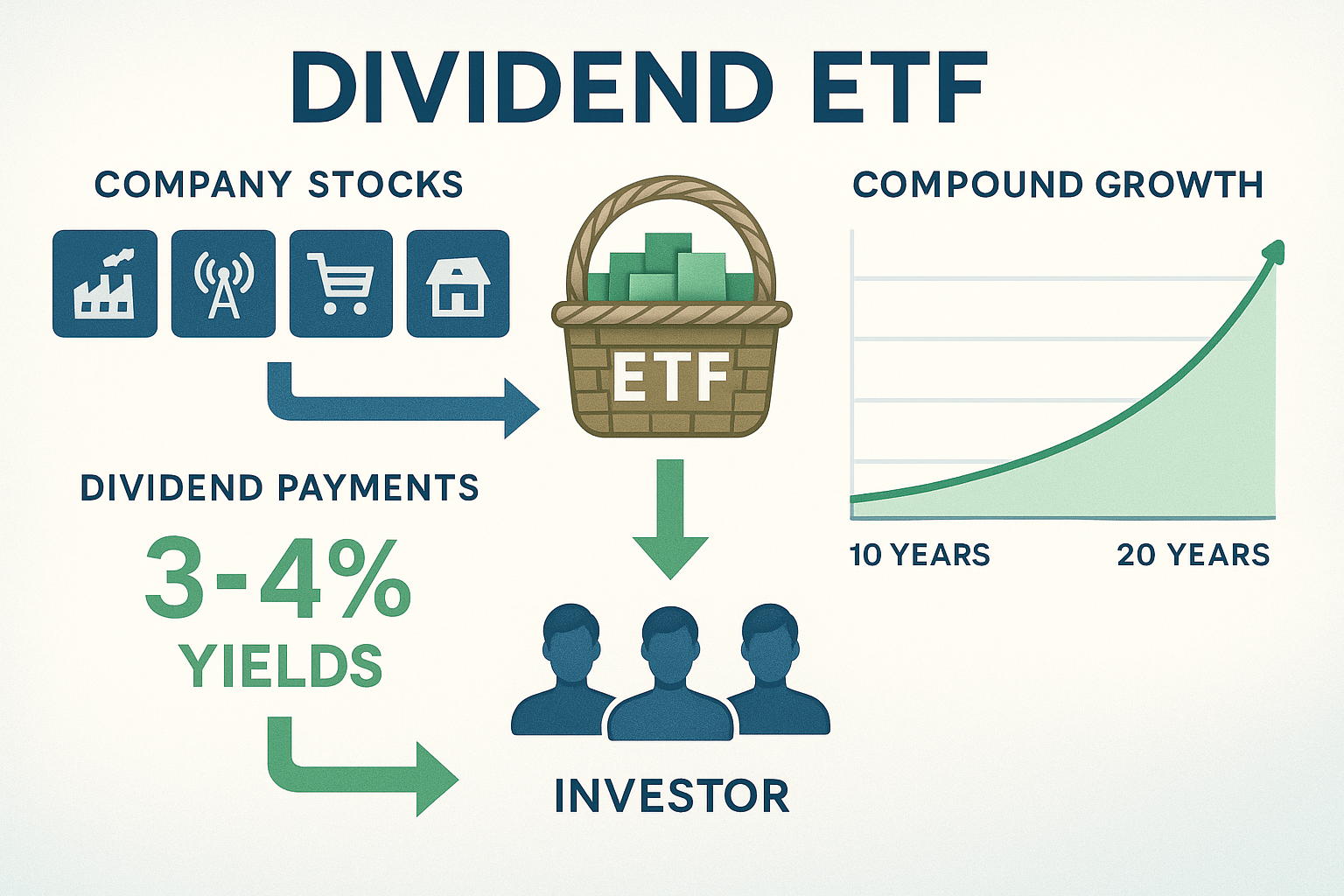 Detailed infographic showing dividend ETF structure with visual breakdown: company stocks feeding into ETF basket, dividend payments flowing