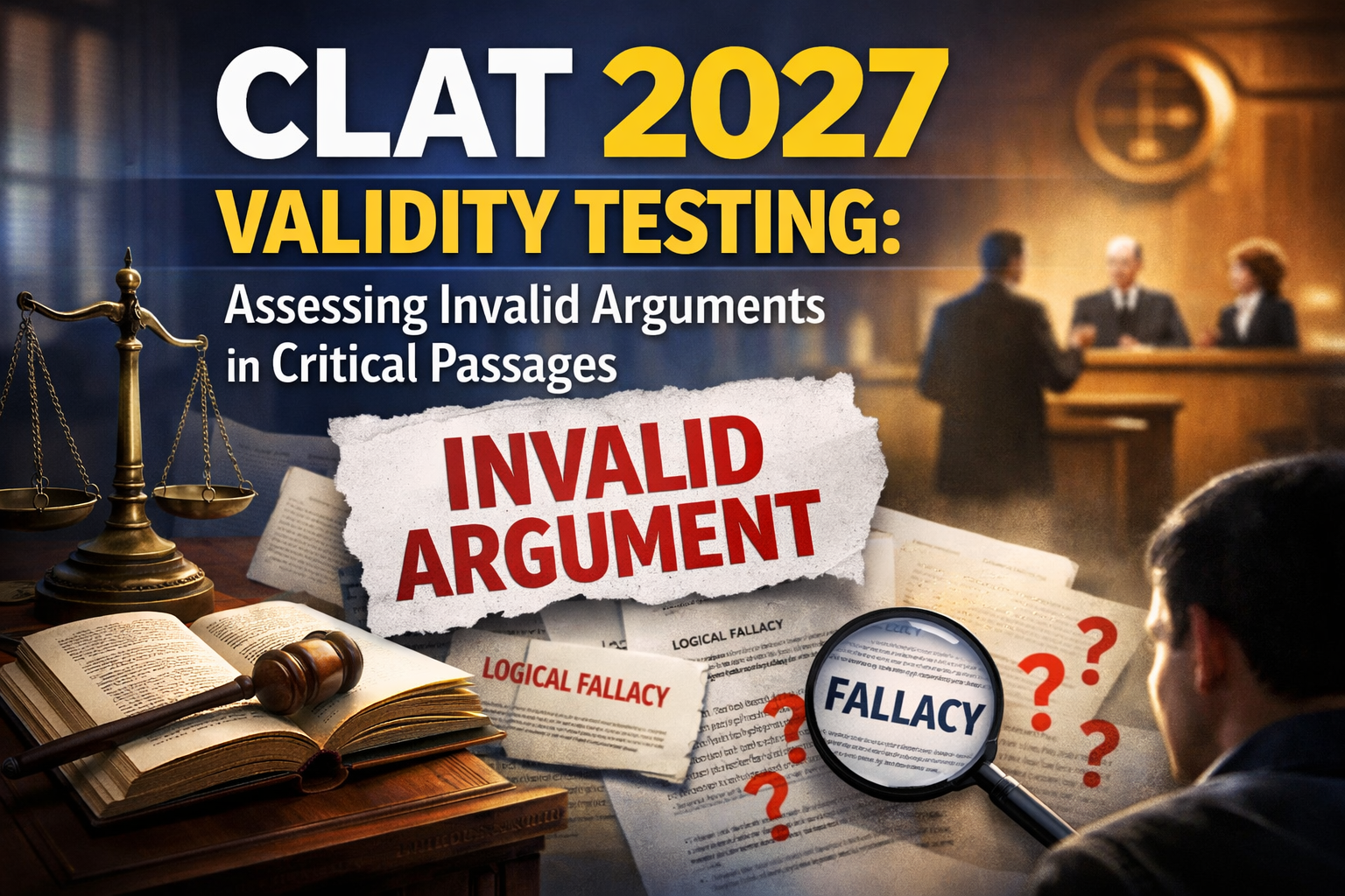 Professional landscape hero image (1536x1024) with bold text overlay: "CLAT 2027 Validity Testing: Assessing Invalid Arguments in Critical P