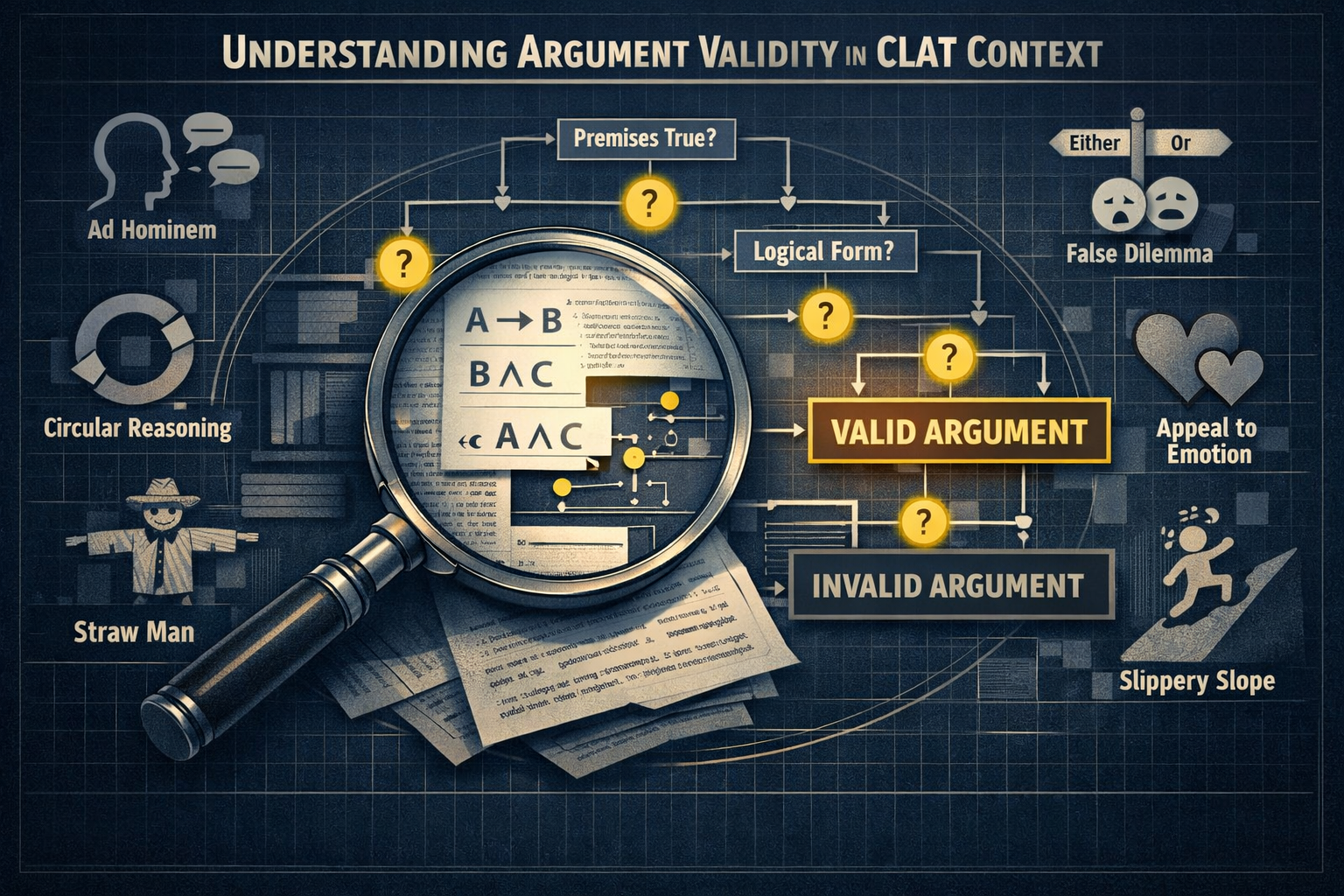 An illustrative diagram exploring 'Understanding Argument Validity in CLAT Context', depicting a complex logical decision tree with branchin