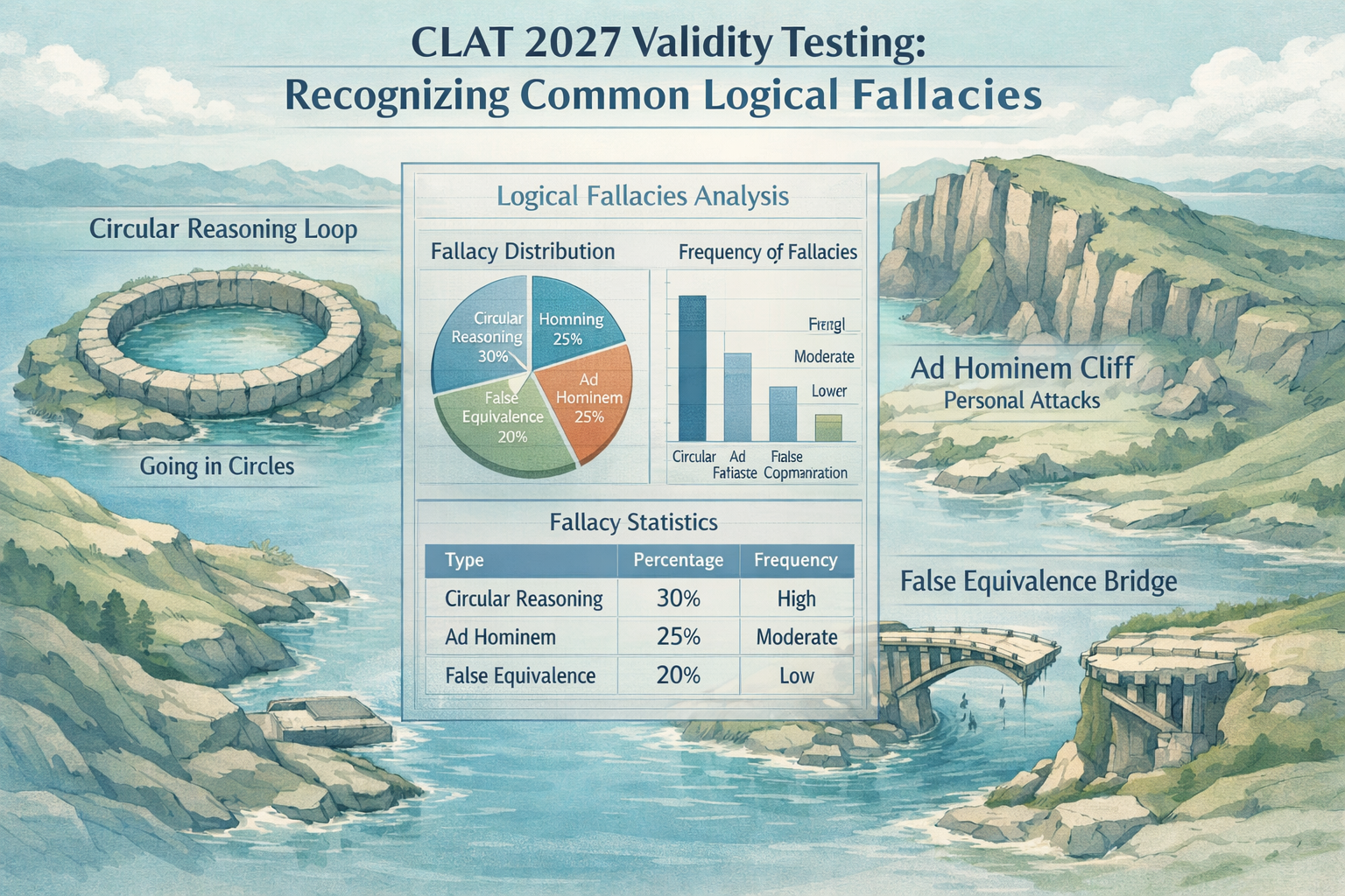 A dynamic visual representation of 'CLAT 2027 Validity Testing: Recognizing Common Logical Fallacies', featuring a conceptual landscape wher