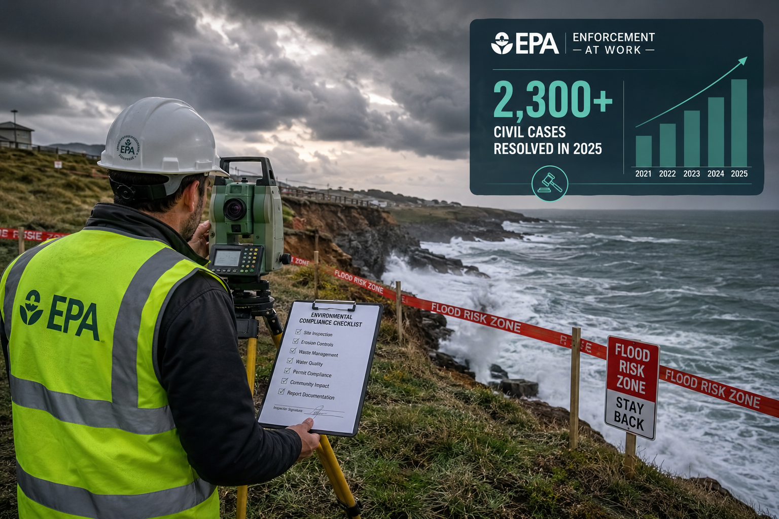Wide-angle editorial photograph () showing a professional environmental surveyor in hi-vis vest and hard hat using a total