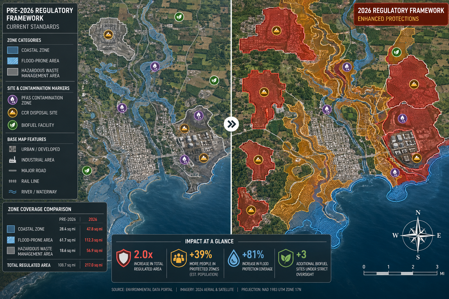 Overhead drone-perspective illustration () of a color-coded regulatory compliance map showing coastal, flood-prone, and