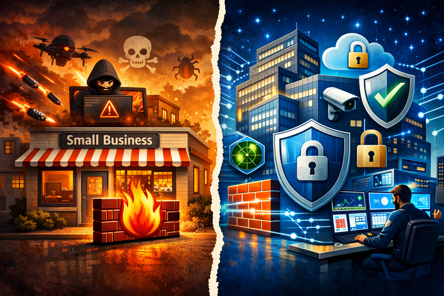 Professional illustration (1536x1024) showing comparison between small business and enterprise cybersecurity defenses, split-screen design w