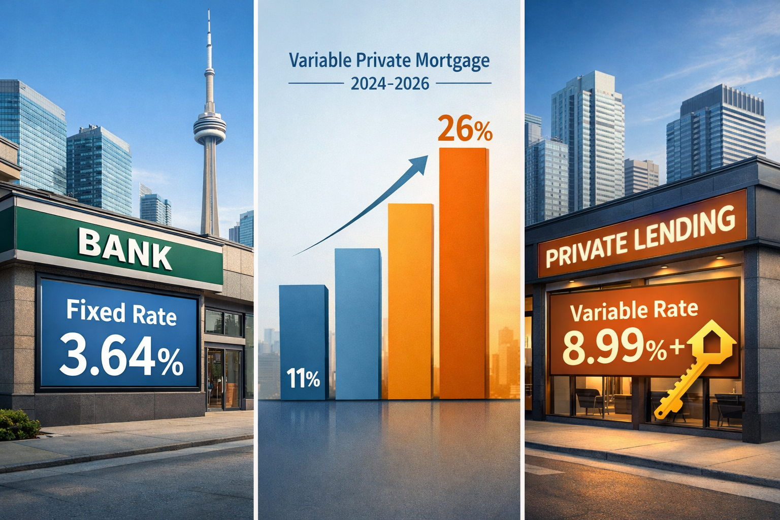 Wide-angle infographic-style landscape image () showing a split-screen comparison: left side displays a Toronto bank branch