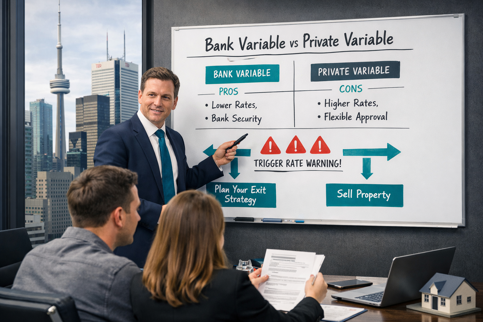 Dynamic landscape image () showing a Toronto mortgage broker in a modern glass office pointing to a whiteboard with a
