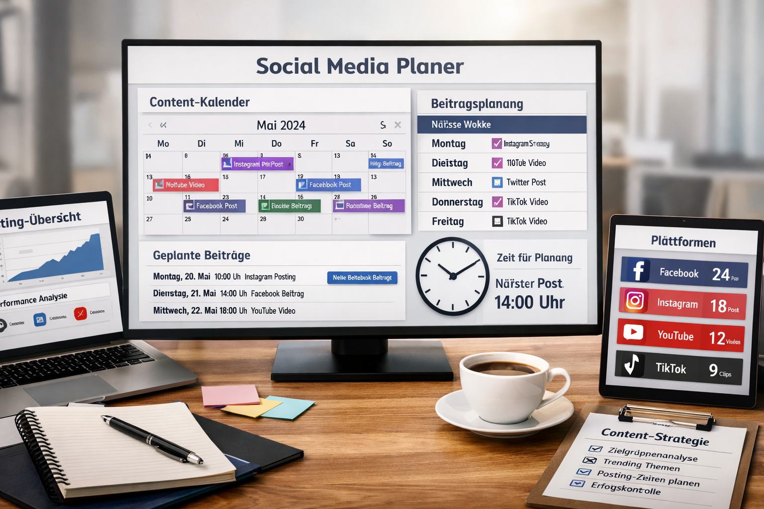 Landscape format (1536x1024) image showing a comprehensive social media planning dashboard interface in German language. Multiple screens di - Social Media Planer Deutsch 2 Landscape format (1536x1024) image showing a comprehensive social media planning dashboard interface in German language. Multiple screens di