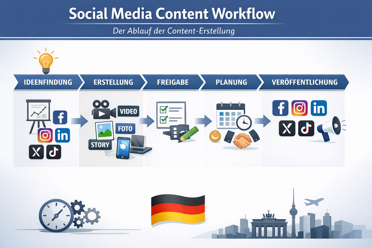 Landscape format (1536x1024) infographic-style image showcasing social media content creation workflow in German business context. Visual ti - Social Media Planer Deutsch 17 Landscape format (1536x1024) infographic-style image showcasing social media content creation workflow in German business context. Visual ti