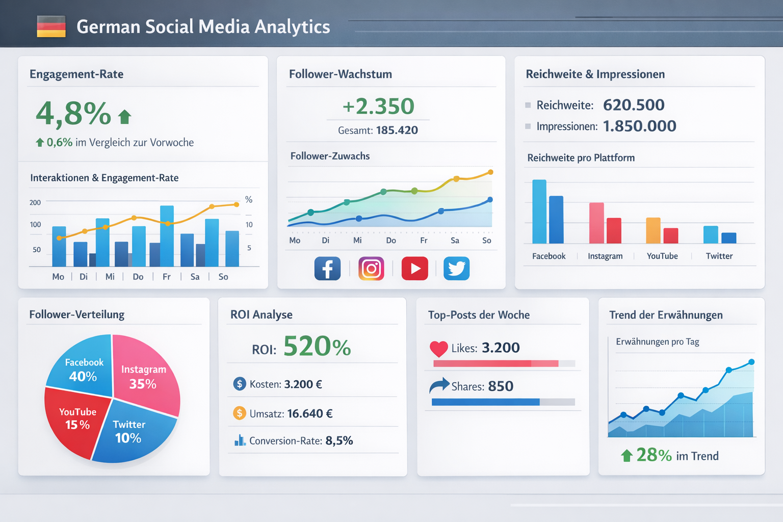 Landscape format (1536x1024) analytics dashboard showing German social media performance metrics and KPIs. Multiple charts displaying engage - Social Media Planer Deutsch 28 Landscape format (1536x1024) analytics dashboard showing German social media performance metrics and KPIs. Multiple charts displaying engage