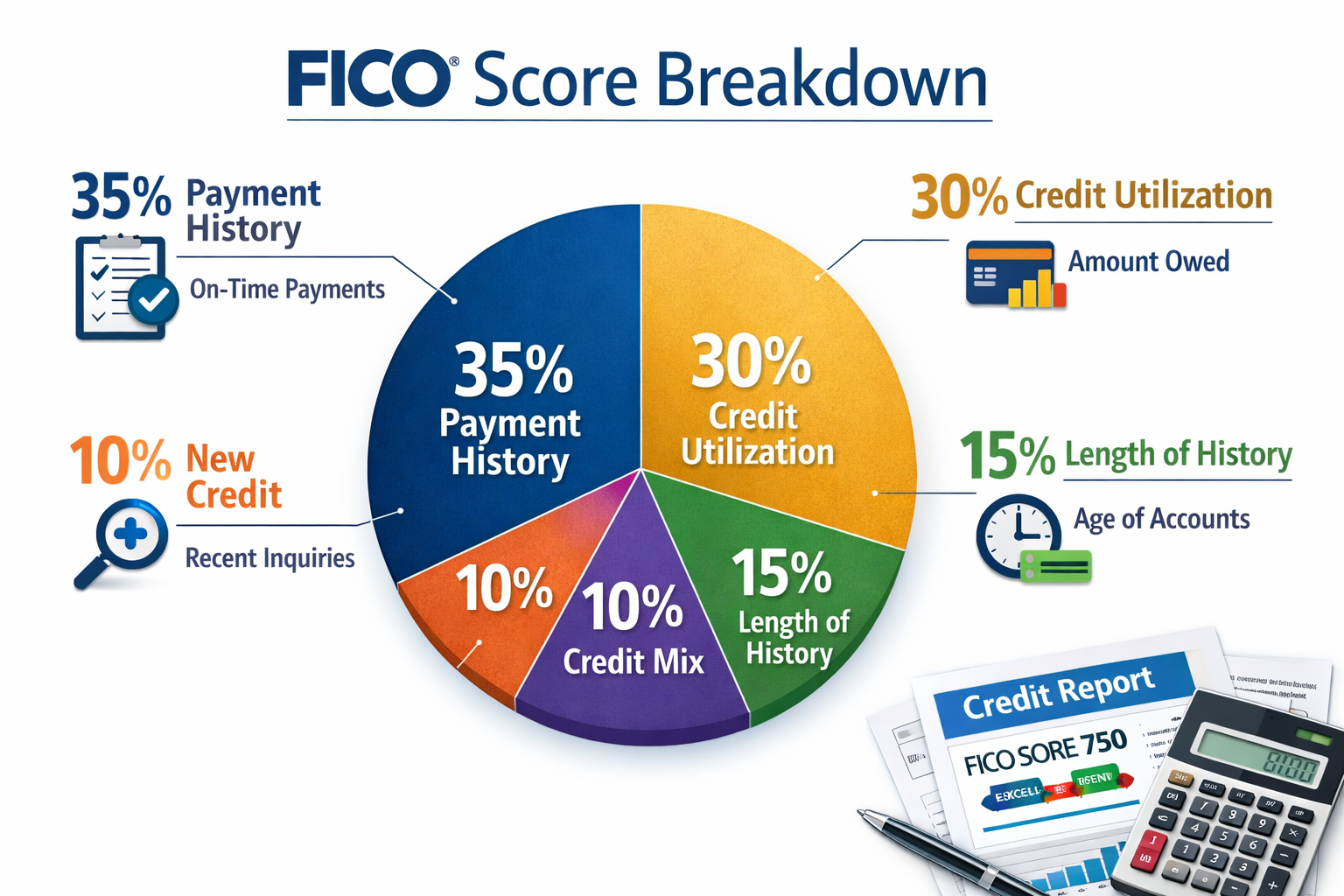 Landscape format (1536x1024) detailed infographic showing FICO score breakdown with large pie chart displaying five colored segments: Paymen