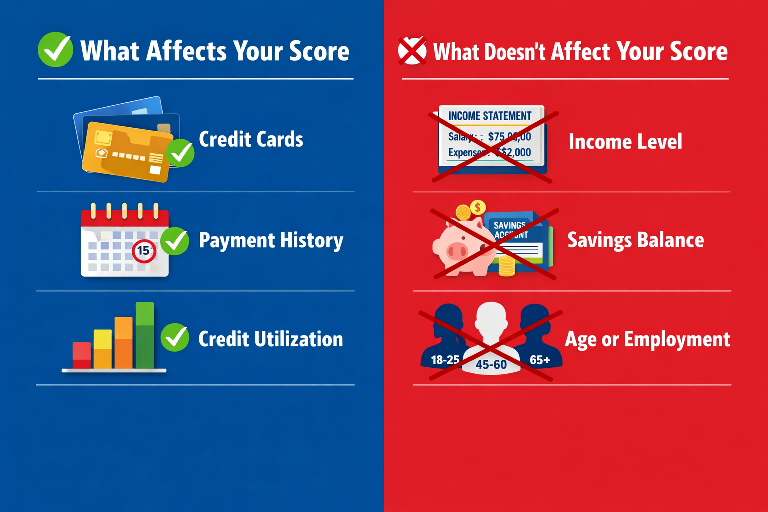 Landscape format (1536x1024) split-screen comparison showing 'What Affects Your Score' vs 'What Doesn't Affect Your Score' with checkmarks a