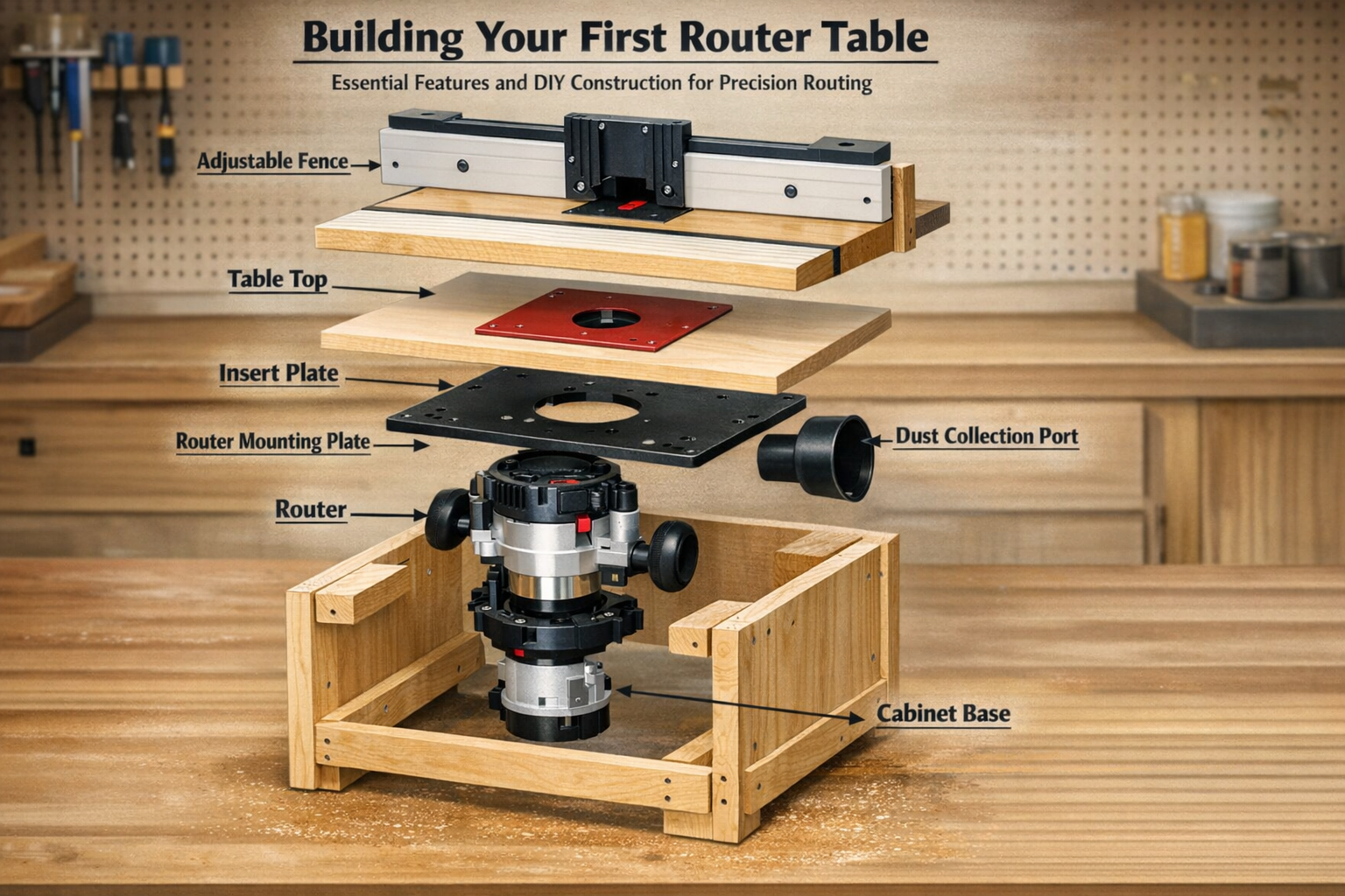 Detailed () image illustrating a schematic exploded view of a DIY router table, highlighting essential components like the