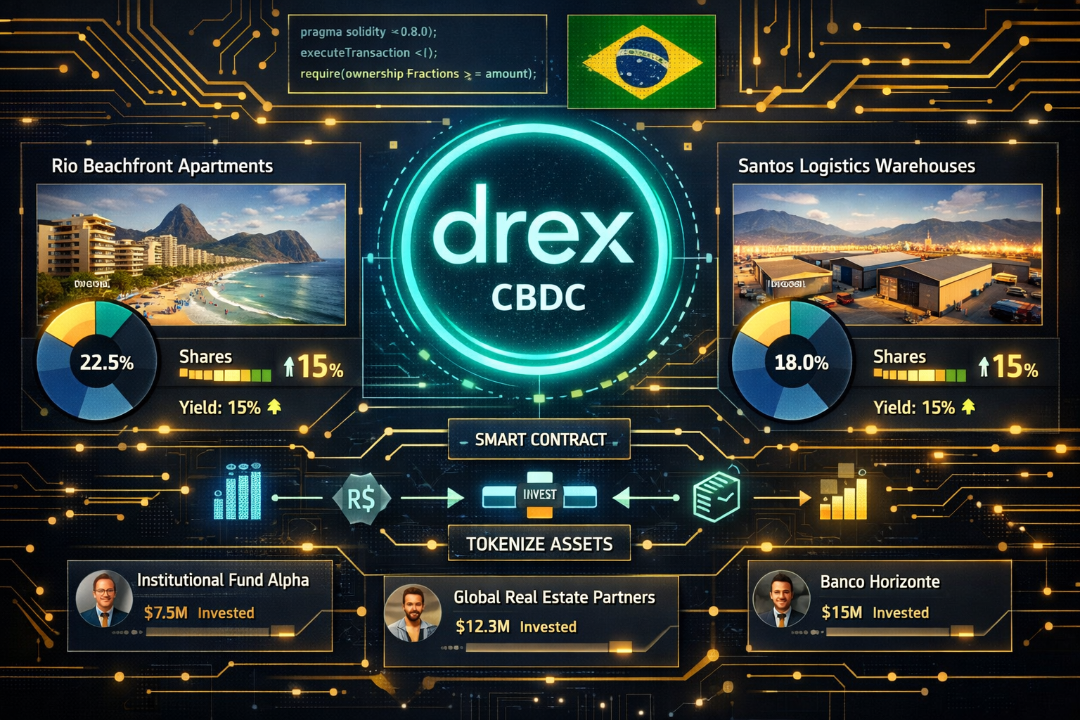 Wide-angle editorial illustration showing a sleek digital dashboard interface displaying tokenized Brazilian real estate