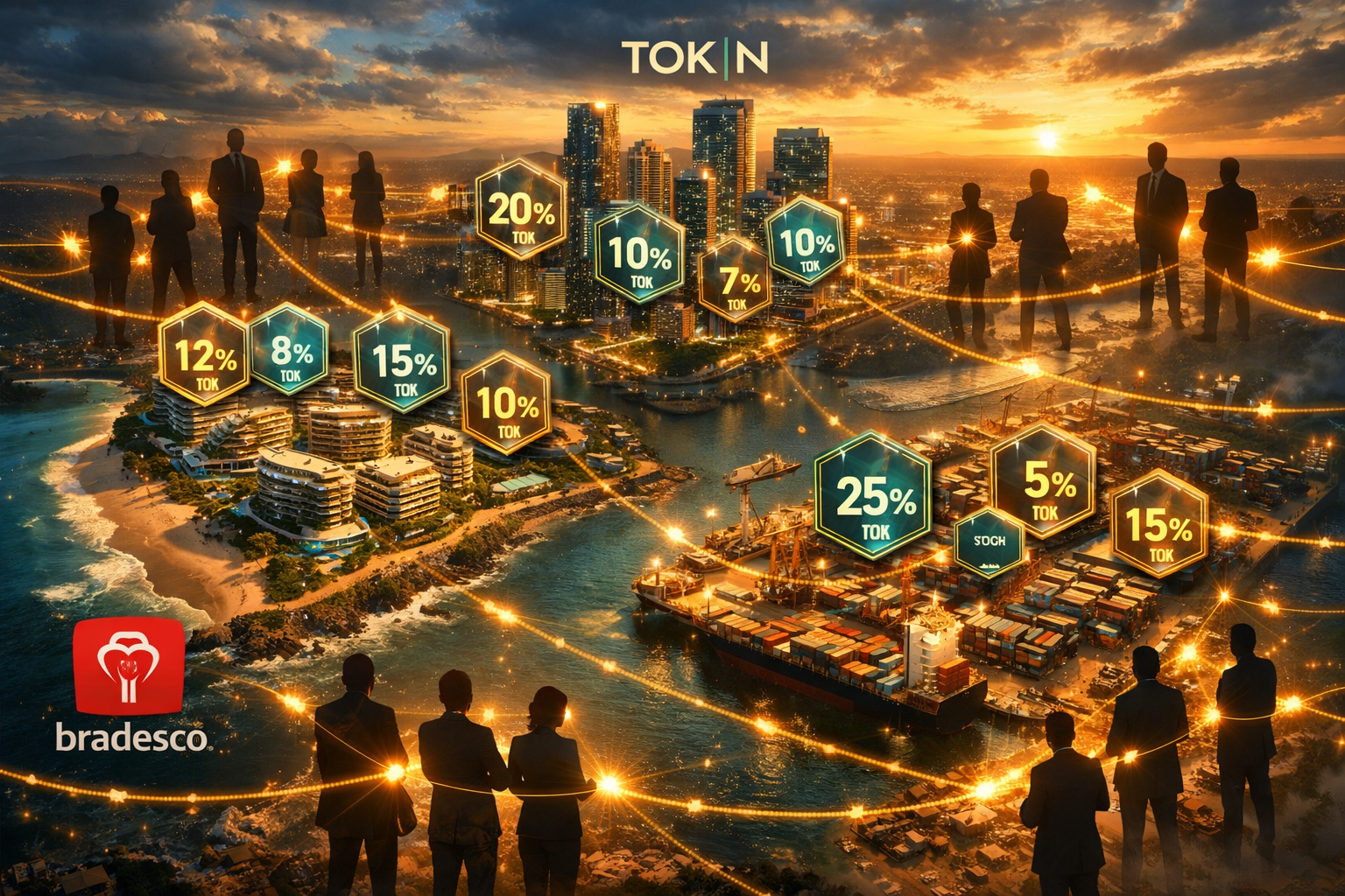 Dramatic bird's-eye perspective landscape image () of a mixed-use Brazilian property portfolio — coastal Florianópolis