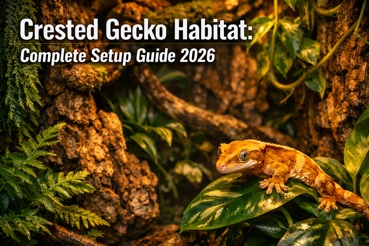 Professional landscape format (1536x1024) hero image featuring bold text overlay 'Crested Gecko Habitat: Complete Setup Guide 2026' in extra