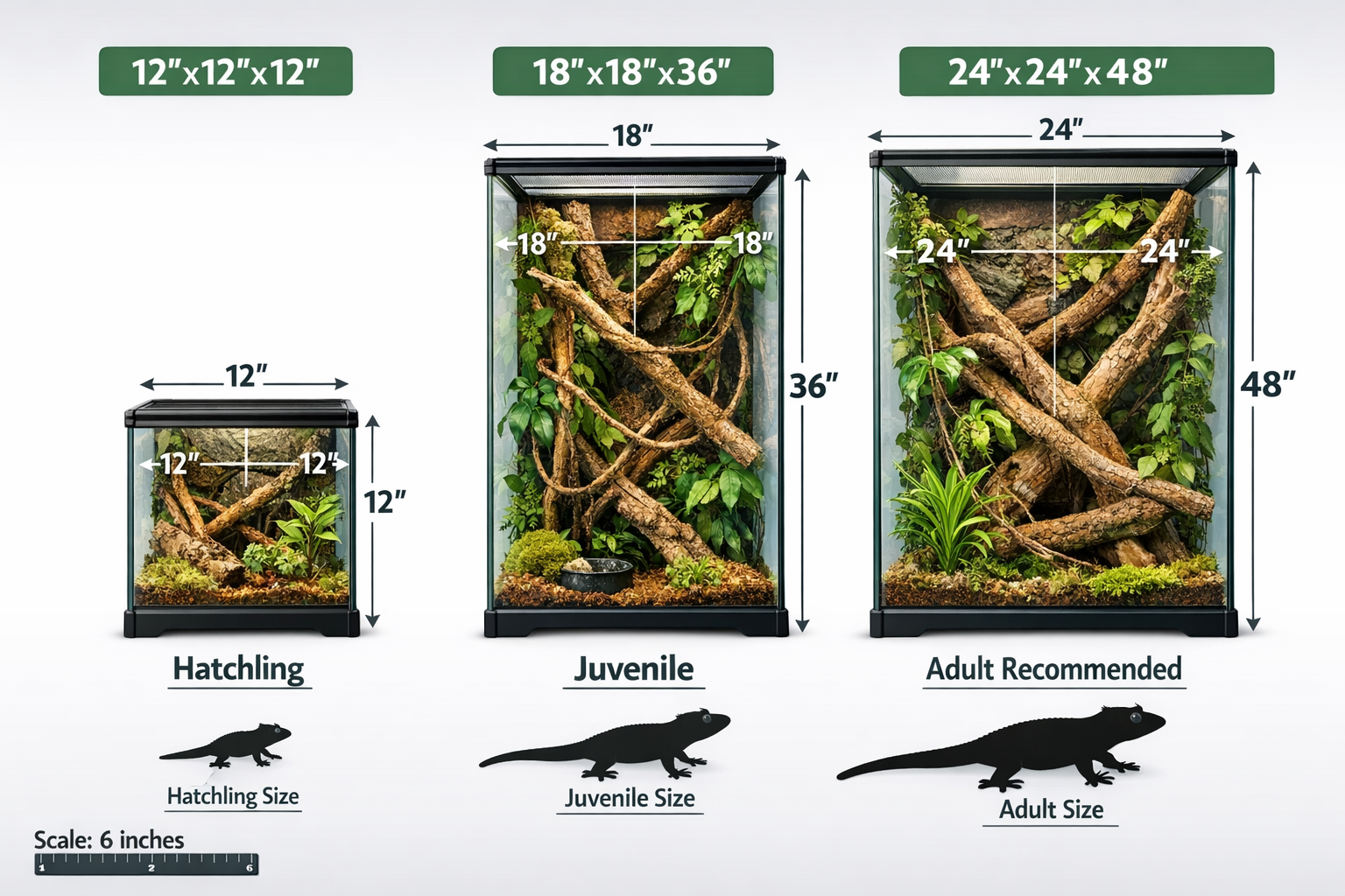 Detailed landscape format (1536x1024) showing vertical glass terrarium dimensions comparison chart with three enclosures side by side - 12x1